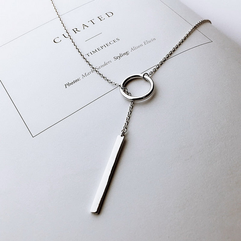 Sterling Silver Circle Strip Long Chain Pendant and Necklace